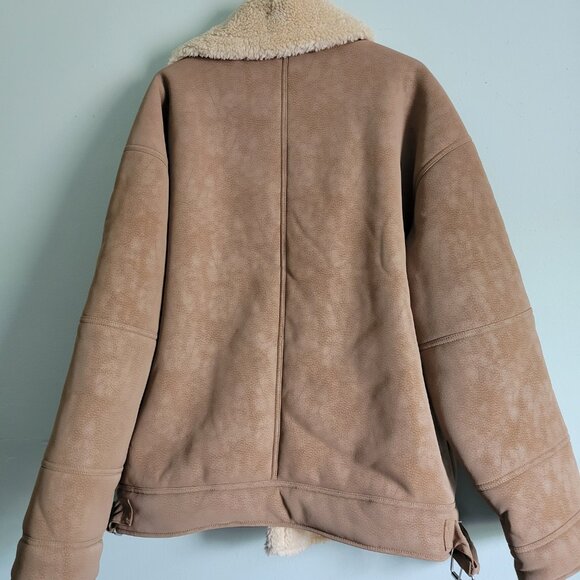 Topman Tan Jacket Men's Large Faux Shearling Borg Collar Aviator Buckle Coat NWT - Picture 8 of 12